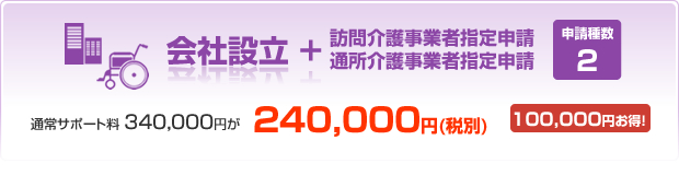 会社設立+訪問介護事業者指定申請&通所介護事業者指定申請 通常サポート料340,000円が240,000円100,000円お得!