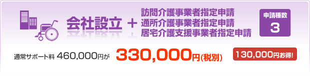 会社設立+訪問介護事業者指定申請&通所介護事業者指定申請&居宅介護支援事業者指定申請 通常サポート460,000円が330,000円130,000円お得!